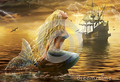 beautiful sea mermaid ship sunset illustration young 48852879